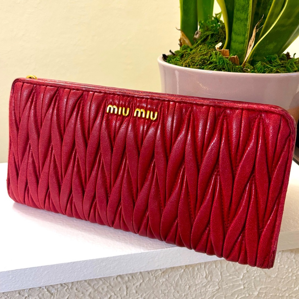 Miu Miu Large Matelassé Nappa Red Leather Long Wallet Zip Closure